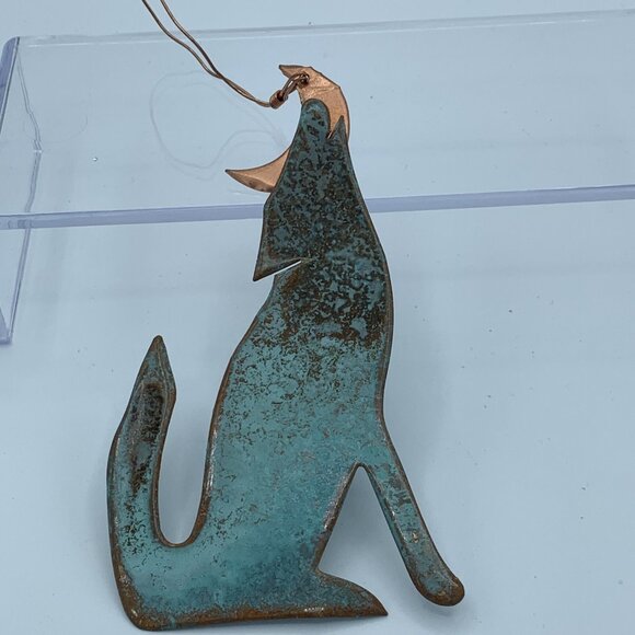 Set of 3 Rustic Metal Ornaments - Green Cat, Copper Moon Wolf, Gold Wire Tree - Picture 6 of 9